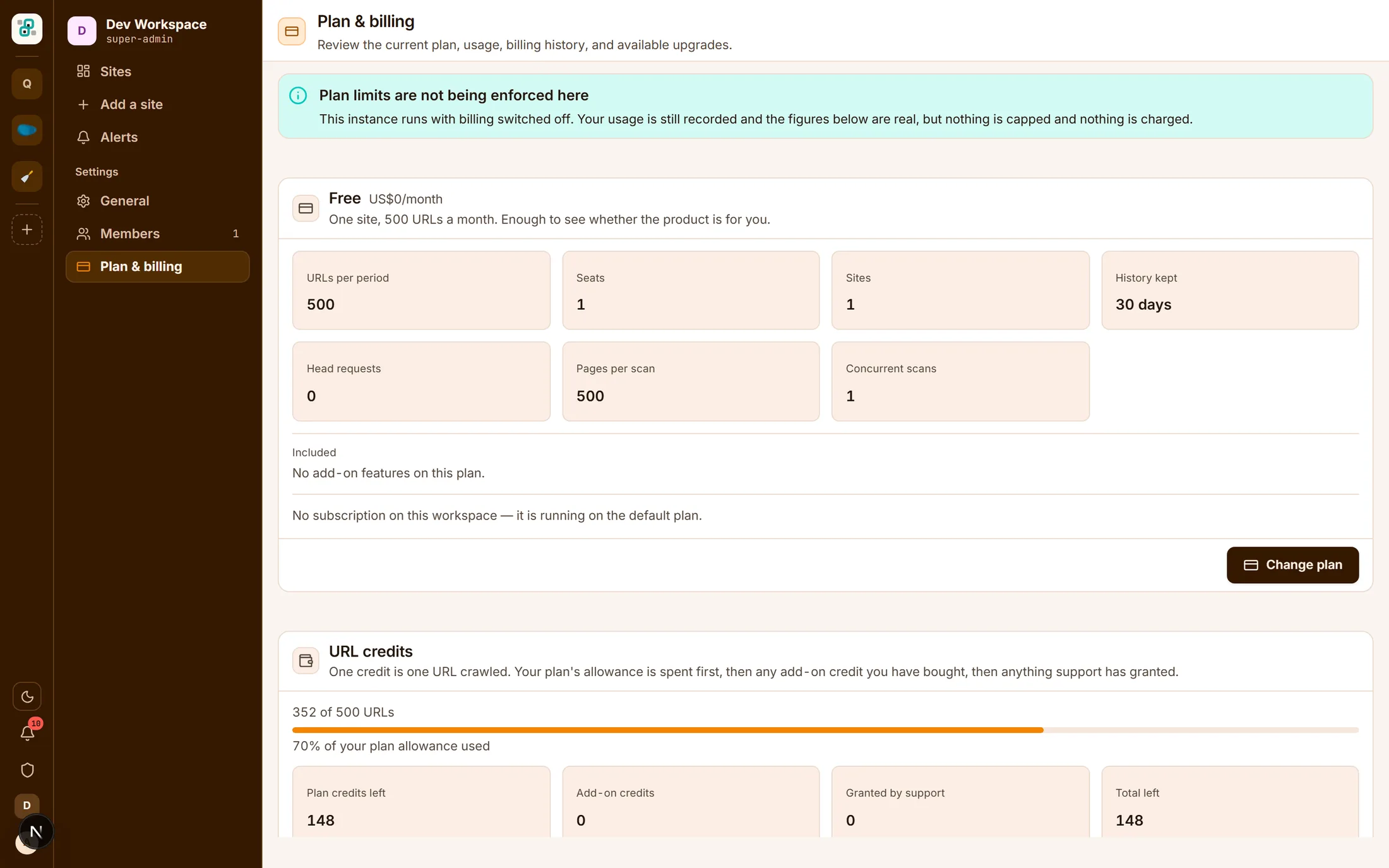 The plan and billing screen: plan limits as tiles, a URL credit meter reading 352 of 500 used at 70%, and the plan, add-on and granted credit balances with 148 left.