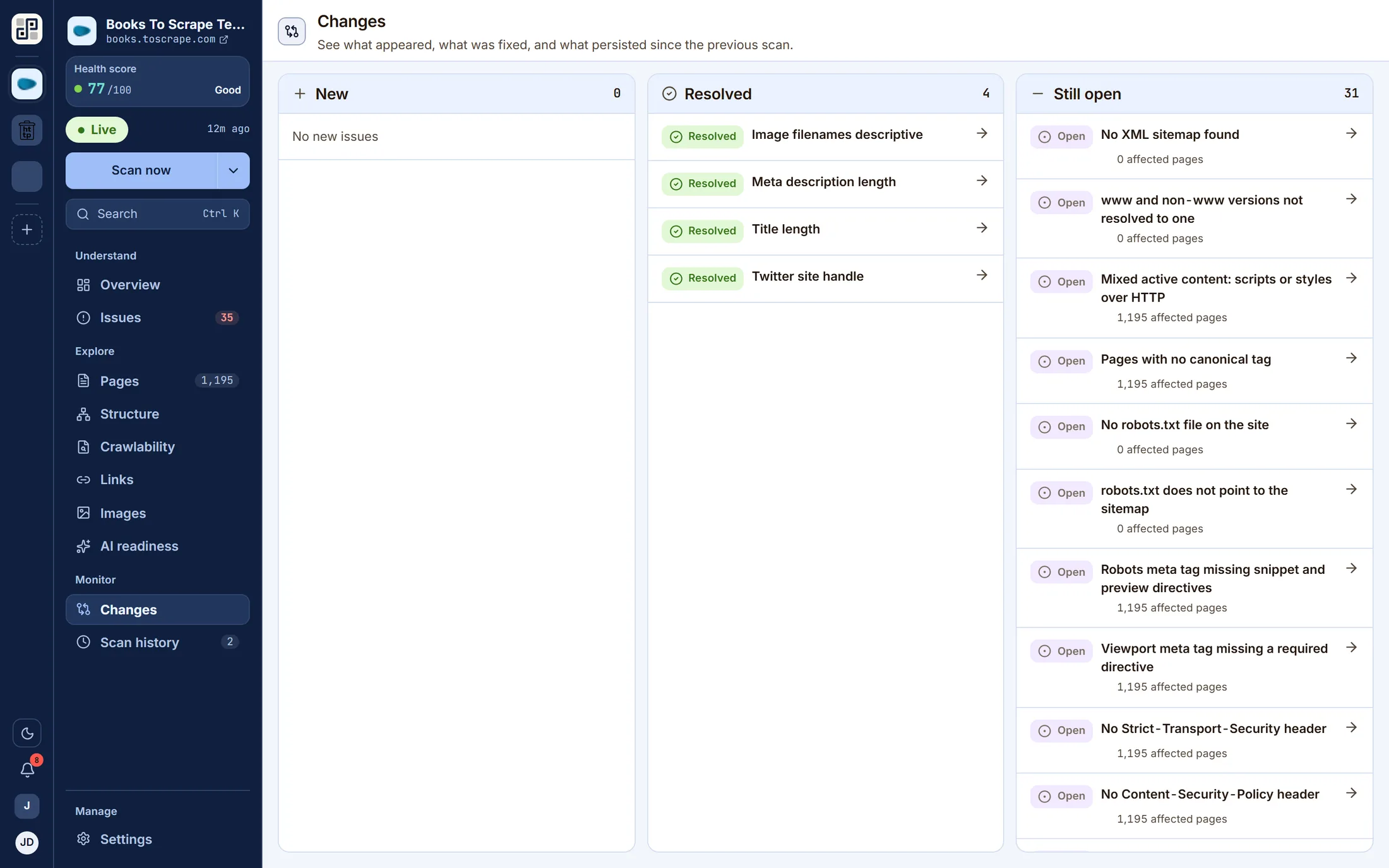 The changes screen in three columns — none new, four resolved and 31 still open — comparing this scan against the previous one.