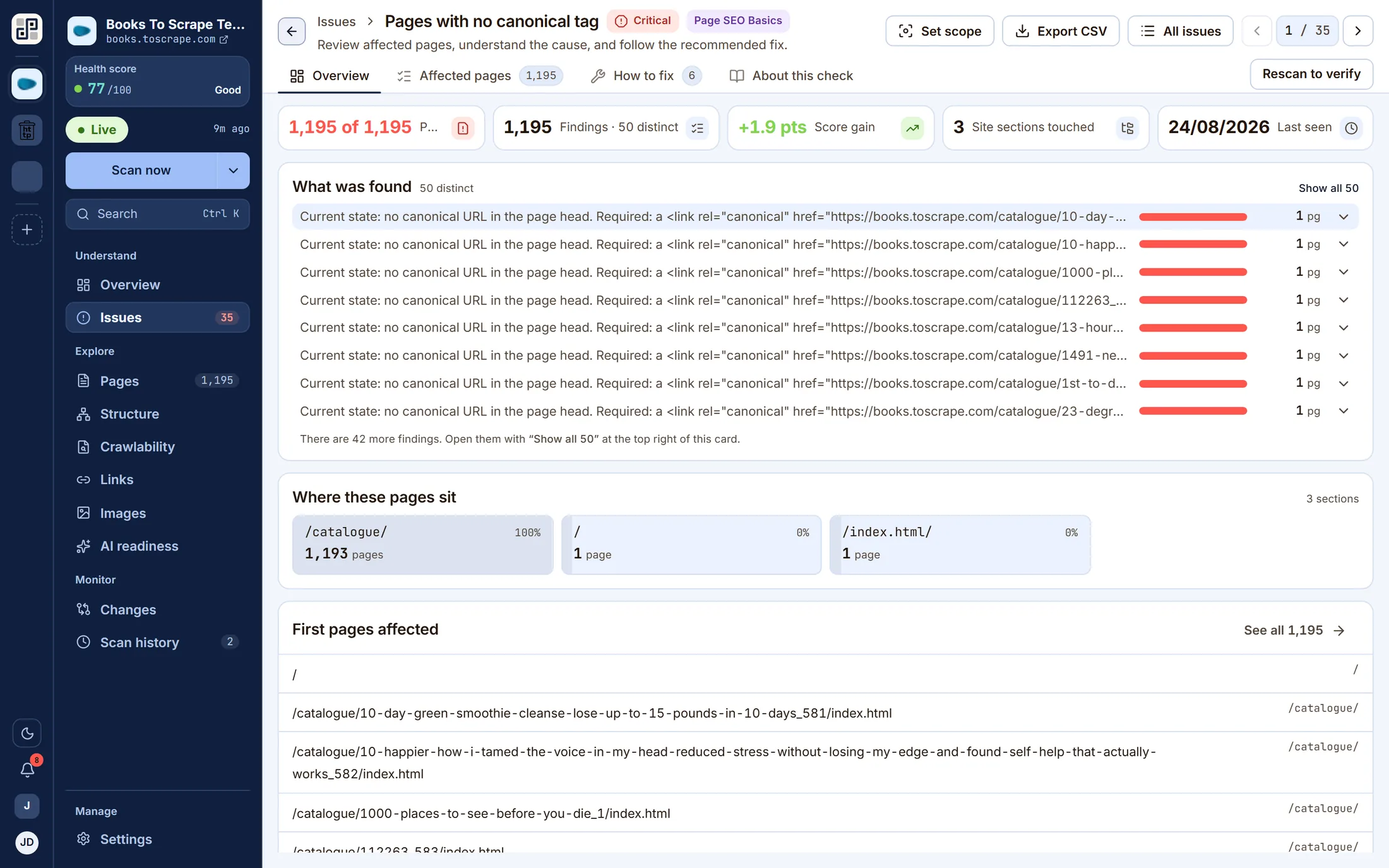 An issue detail screen: the affected pages for one check with its inline guide open beside them.