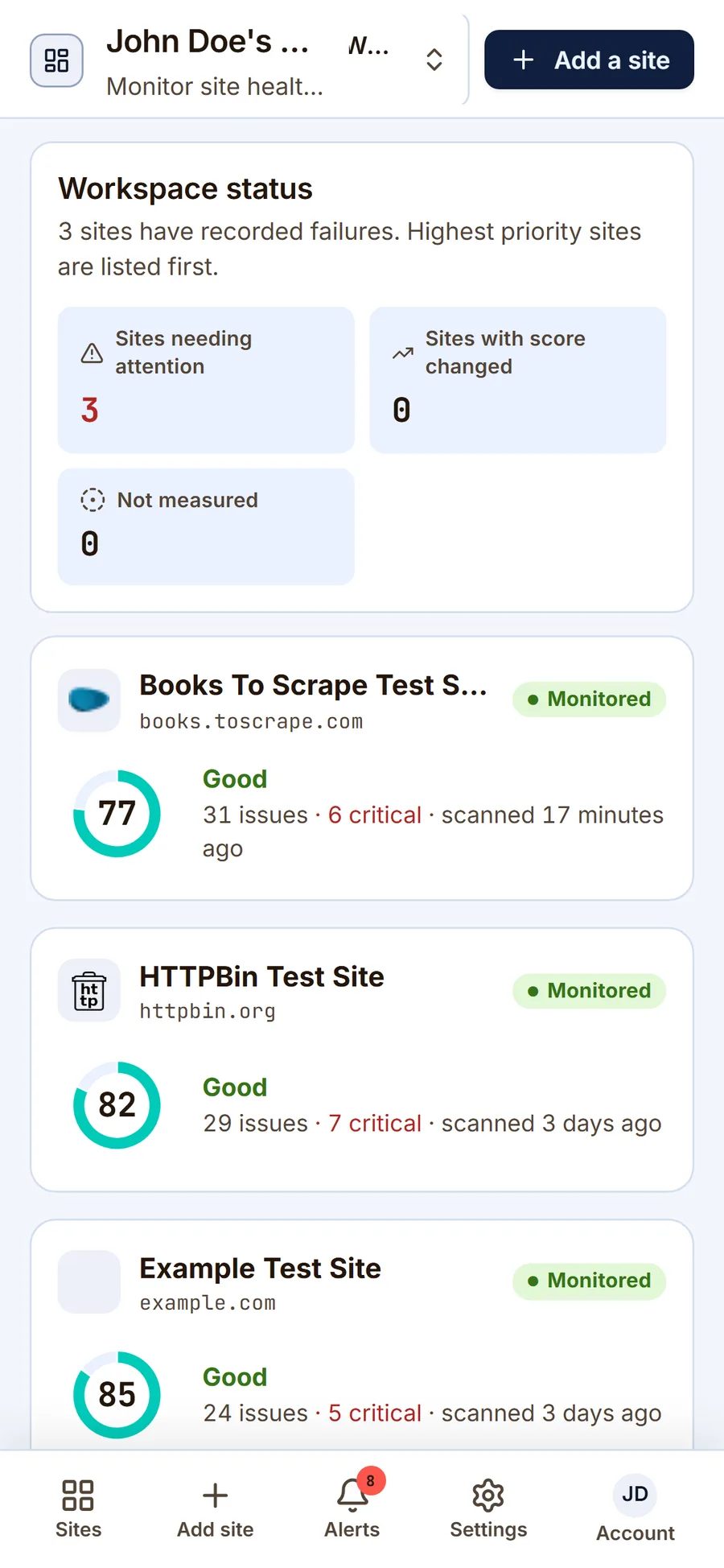 The workspace on a phone: each site as a card with its score, band and failing-check count.