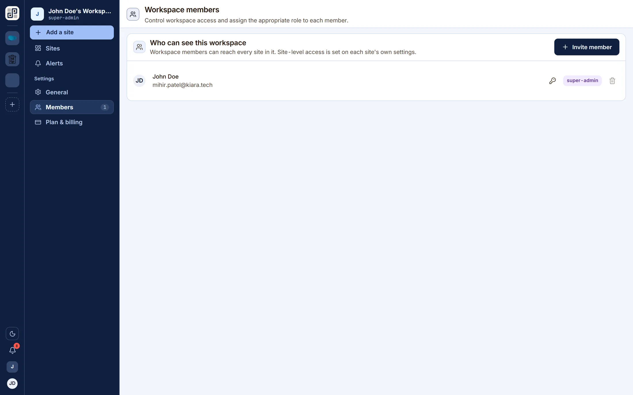 The workspace members screen: the member list with roles and an invite action.