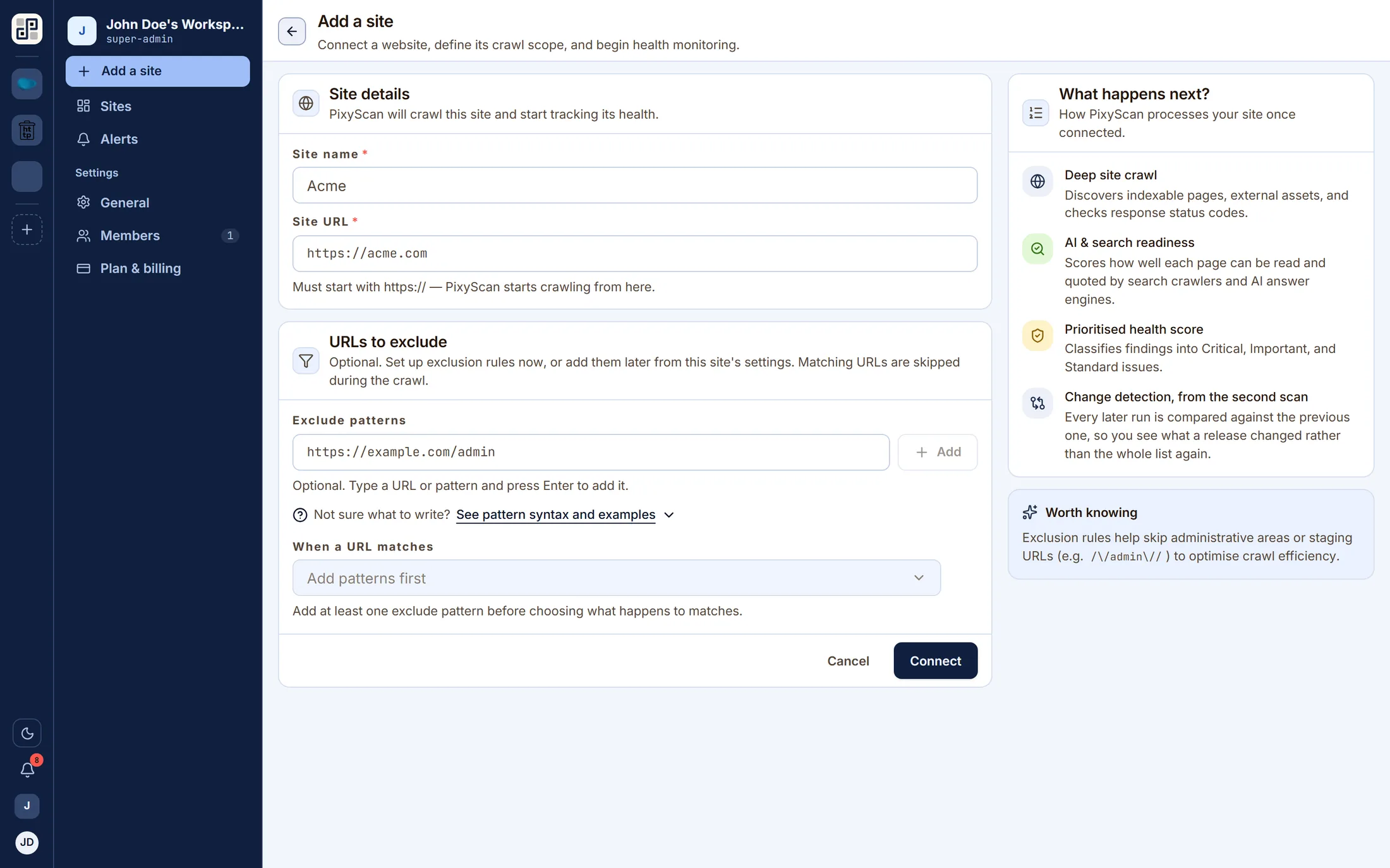 The add-a-site form: name, URL, crawl limits and the check groups to run.