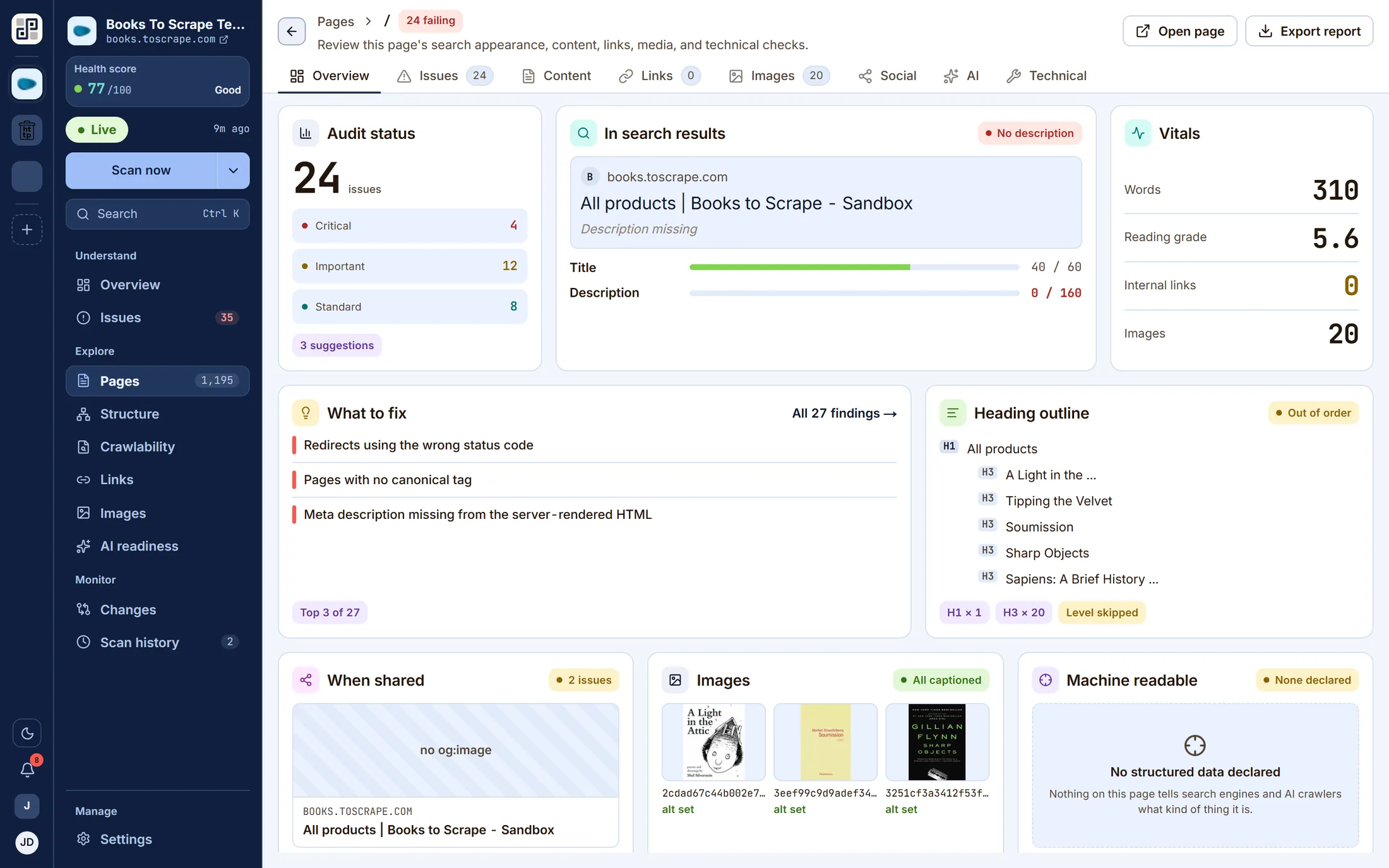 A page report: audit status, the search-result preview with title and description meters, vitals, what to fix, heading outline, social card, images and structured data.