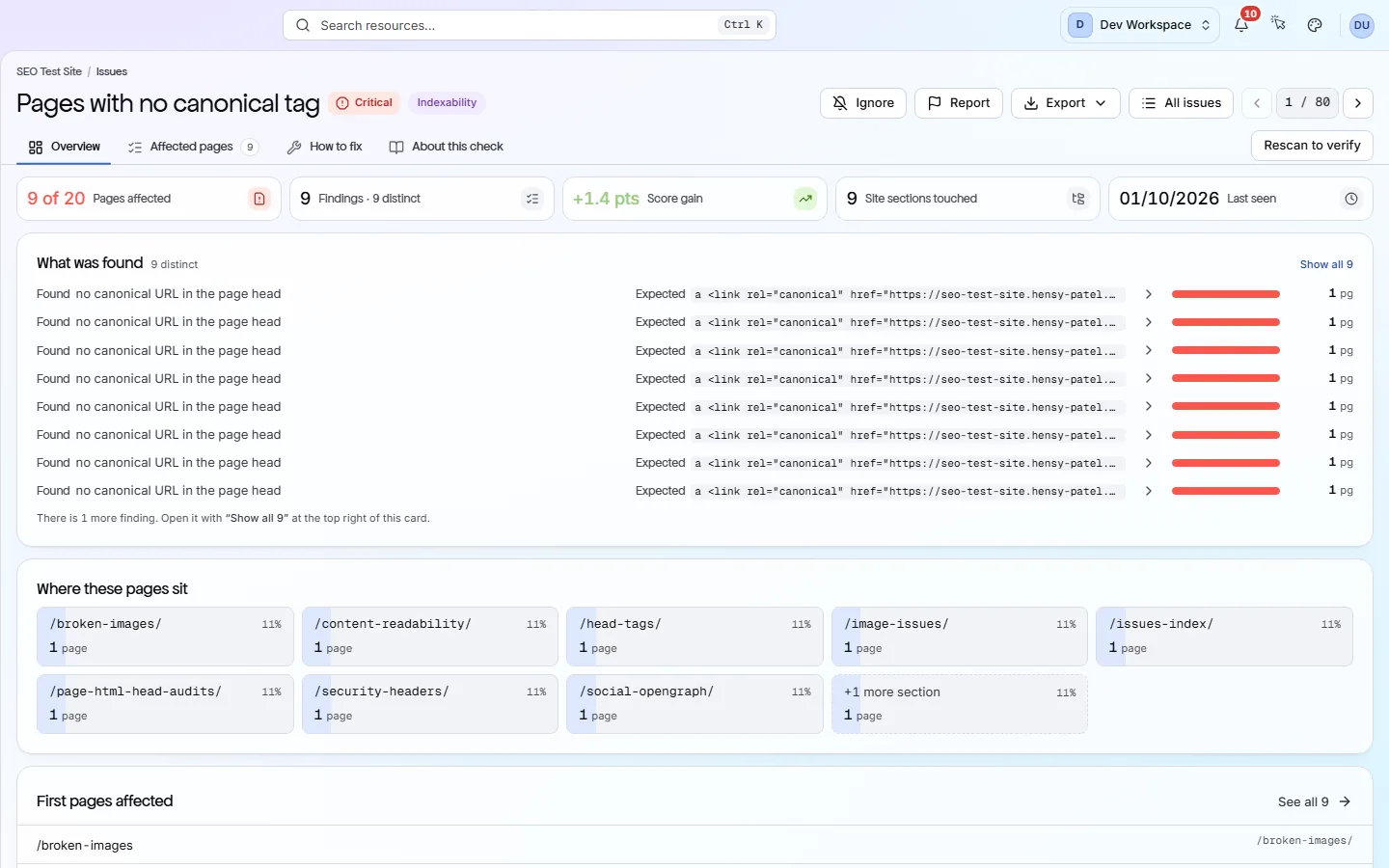 A site-level finding opened: scoped “site-wide · no page list”, with the evidence naming the two hostnames and the status code one of them answered.