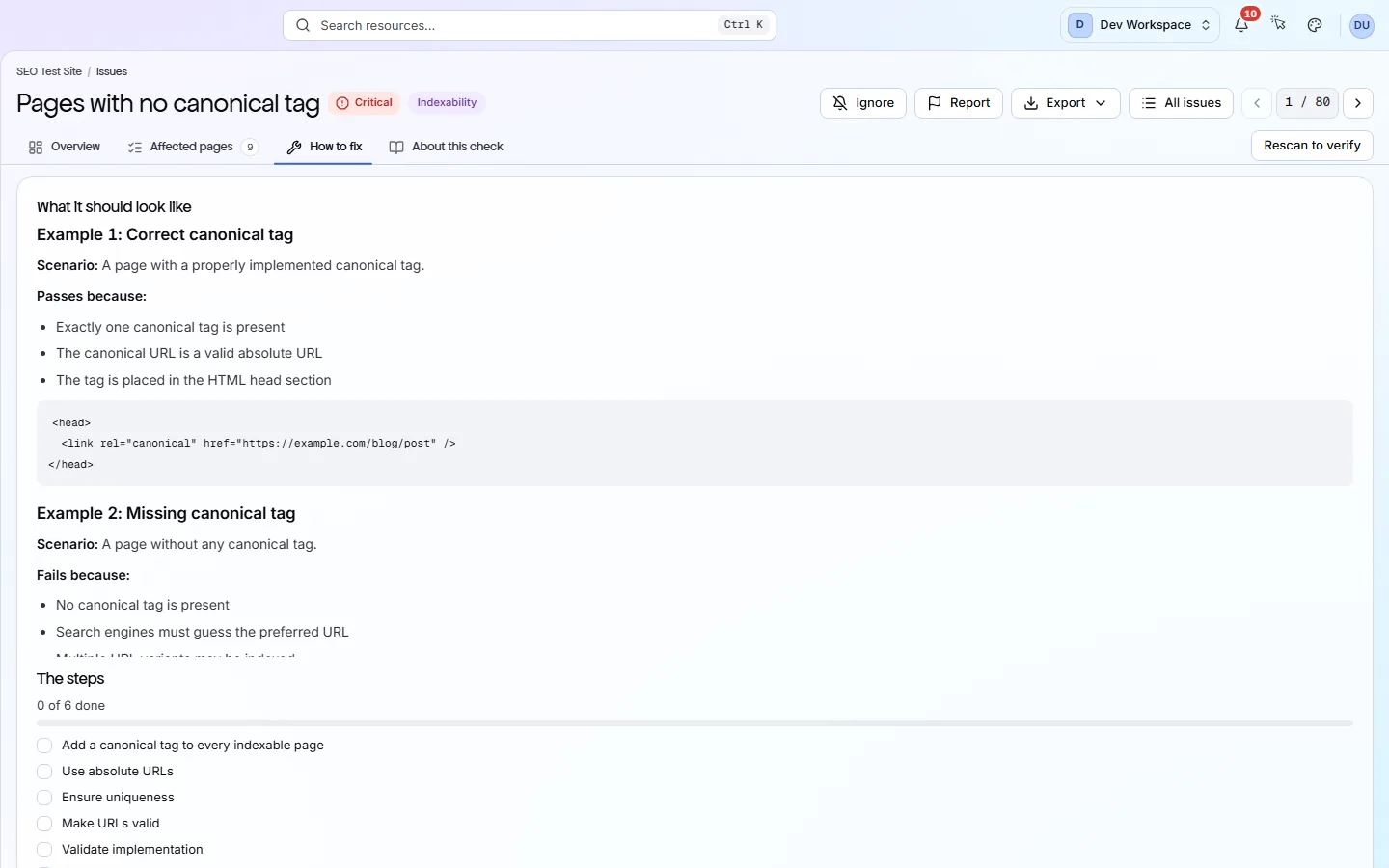 The How to fix tab of a finding: before-and-after examples, then the steps as a checklist.