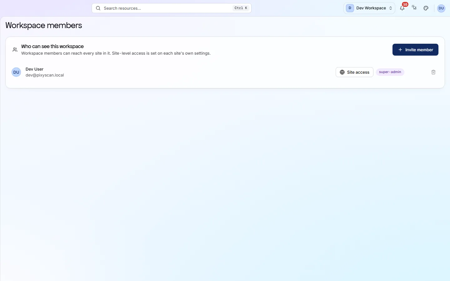 The workspace members screen: a Who can see this workspace card with an Invite member button, then a row per person with their name, email, a Site access control and their role badge.