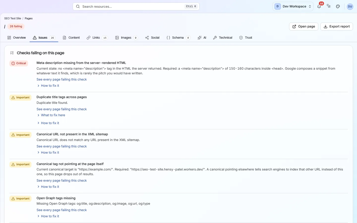 A page report's Issues tab: the findings on this one URL, each with its severity and the points it is costing.