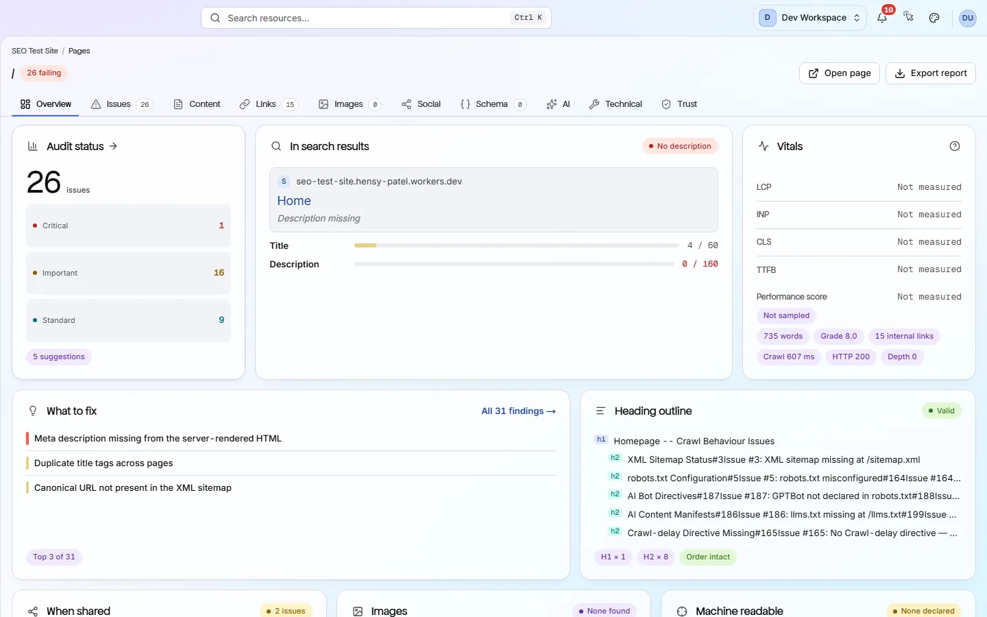One page's full report: its audit status, how it appears in search results, its vitals, what to fix on it, and its heading outline.