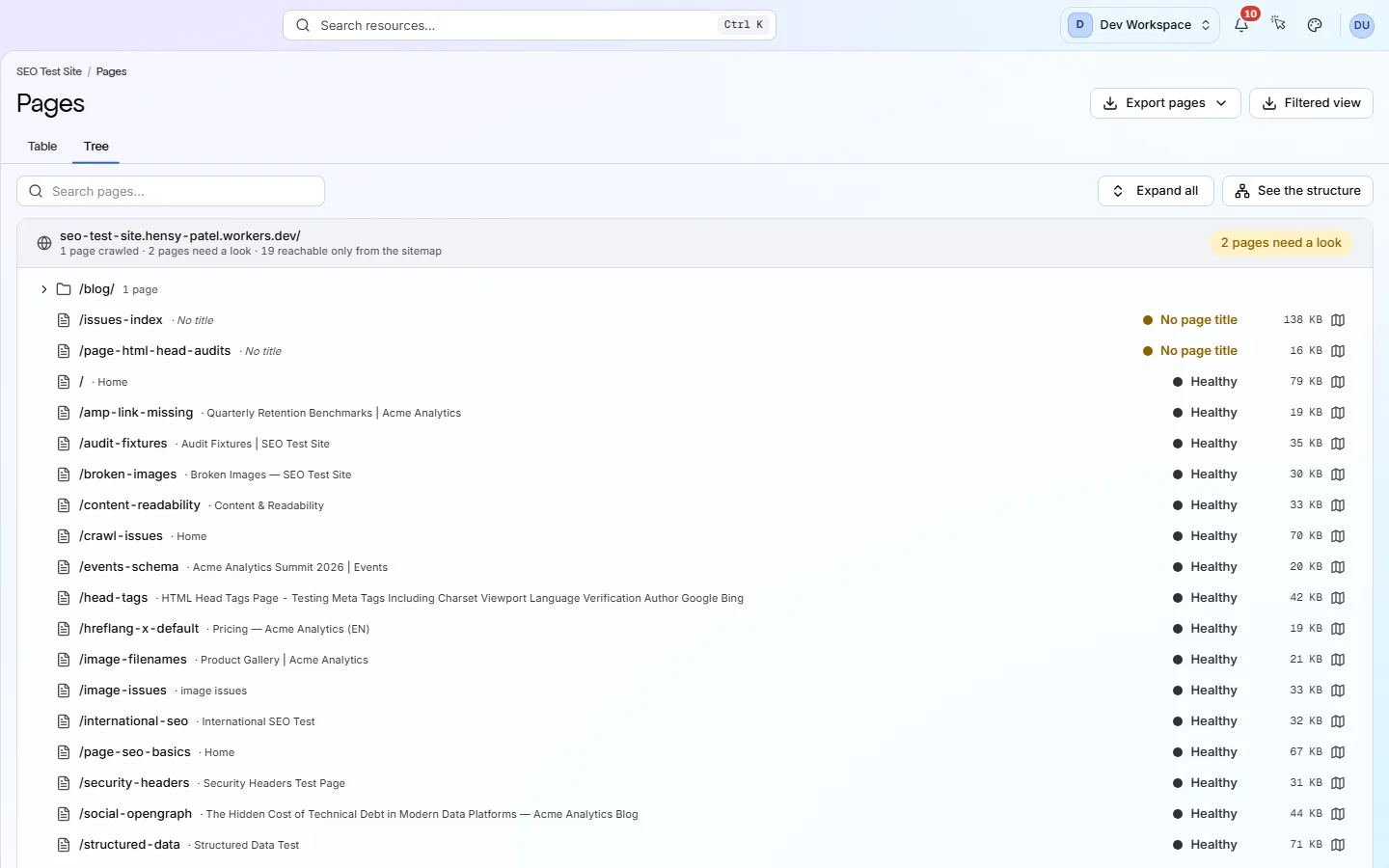 The Pages screen in tree view: a root row summarising the scan, then one row per folder with a page count and an attention badge.