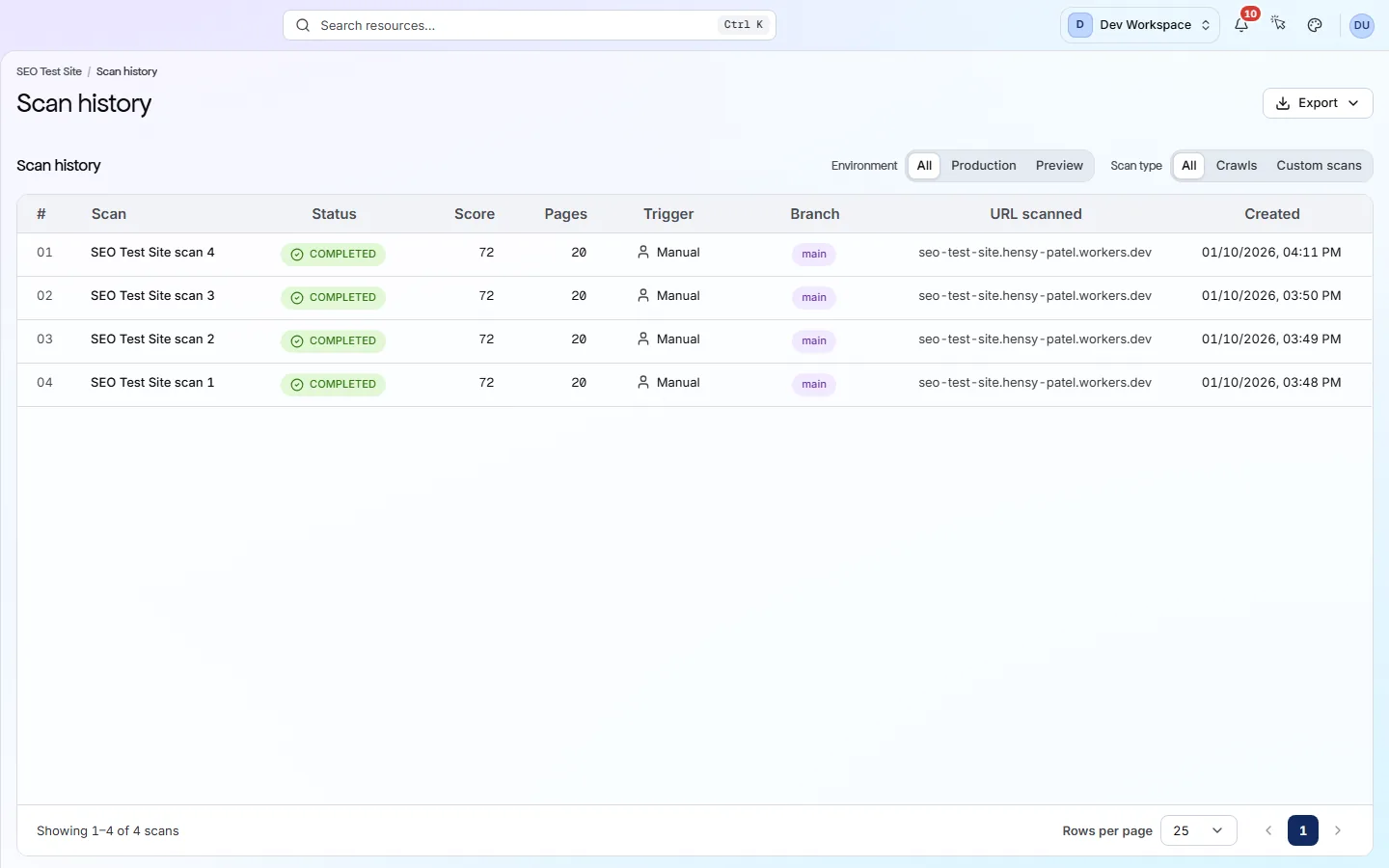 The scan history screen: completed runs listed with their status, score, pages fetched, what triggered them and which branch they measured.