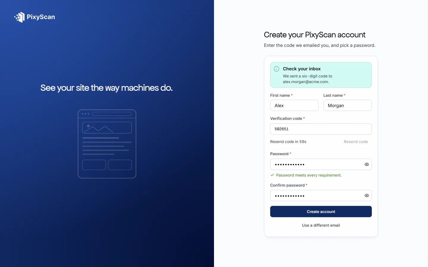 The second sign-up step: an alert confirming where the code was sent, first and last name fields, a verification code field with a resend control, and password and confirm-password fields showing that the password meets every requirement.
