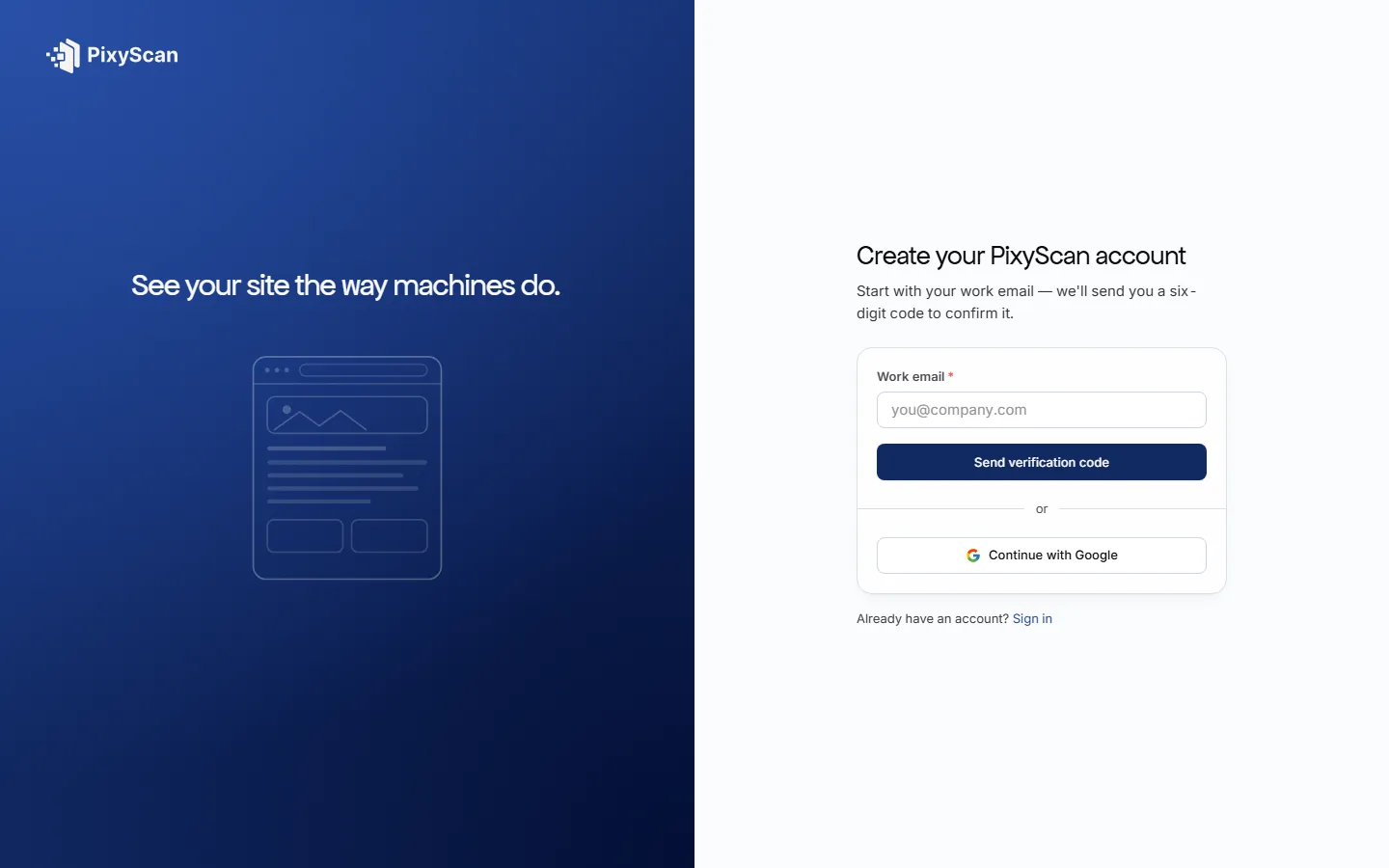 The PixyScan sign-up screen: a work email field, a Send verification code button, and a Continue with Google option below it.