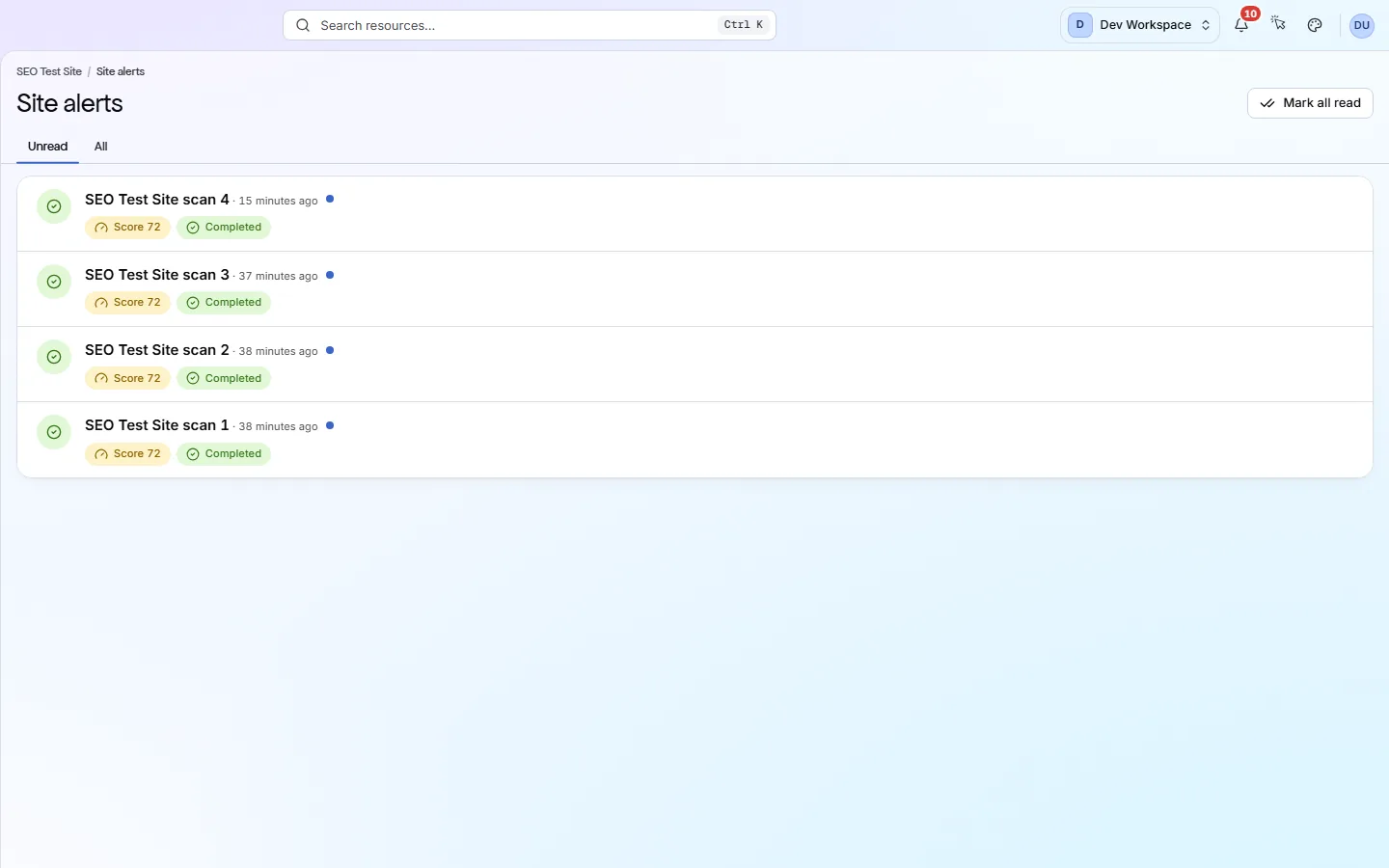 Site alerts: Unread and All tabs, a Mark all read button, then a row per scan of this site with its score badge, any score change, any new critical issue, and its status.