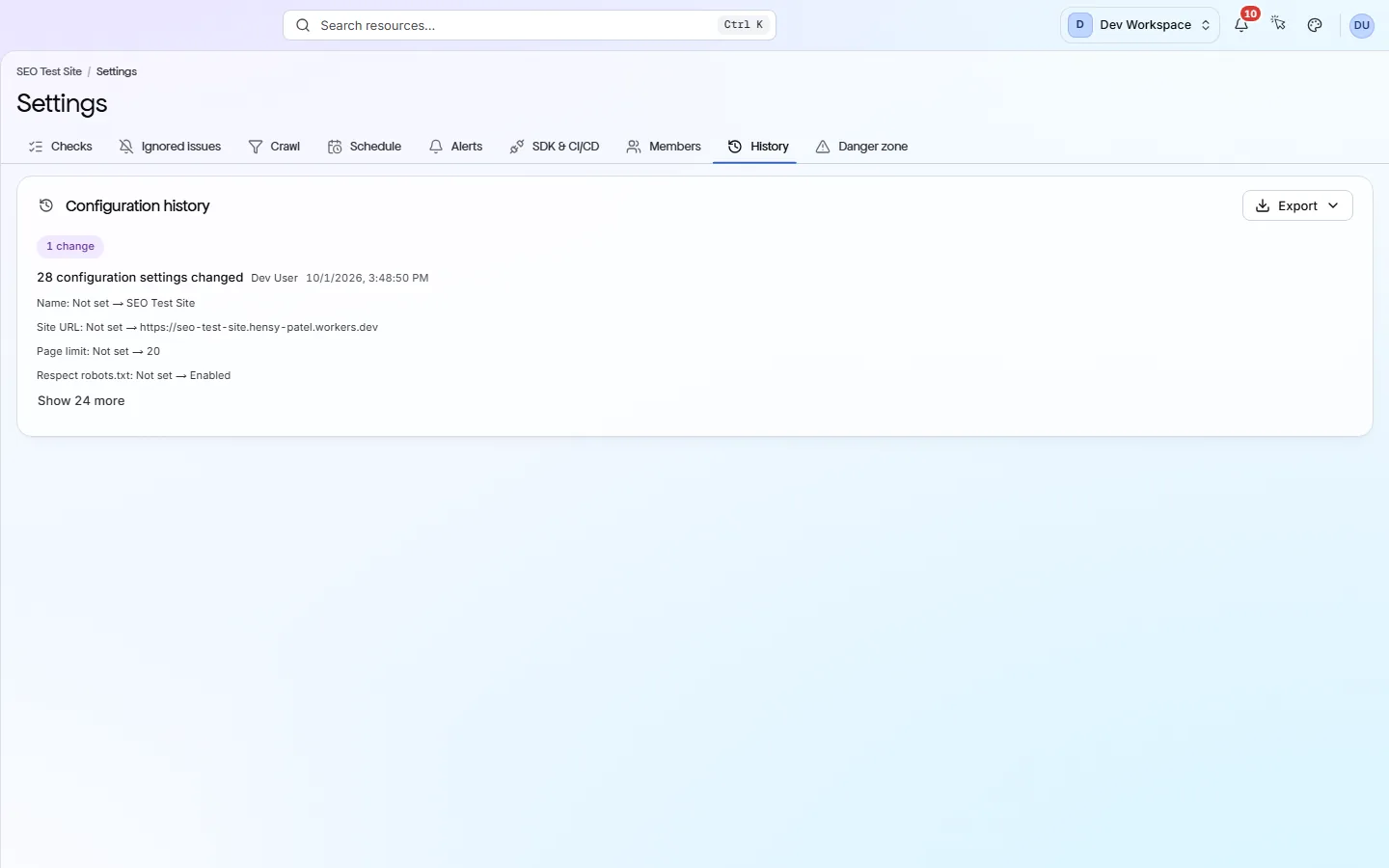 The settings History tab: a list of settings changes with what changed and when.