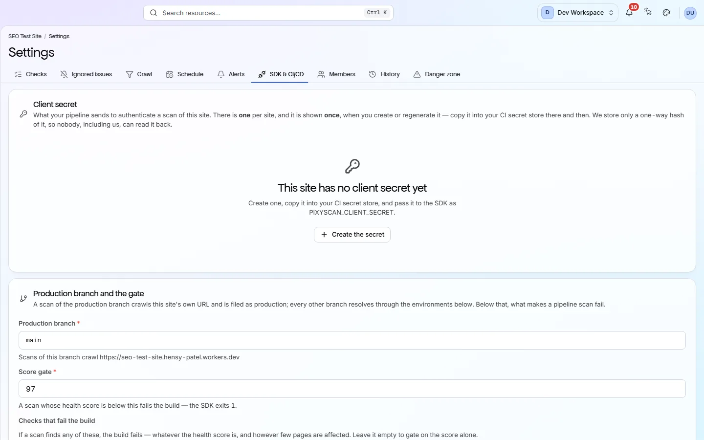 The SDK and CI/CD tab: the site's client secret and the list matching branches to environment URLs.