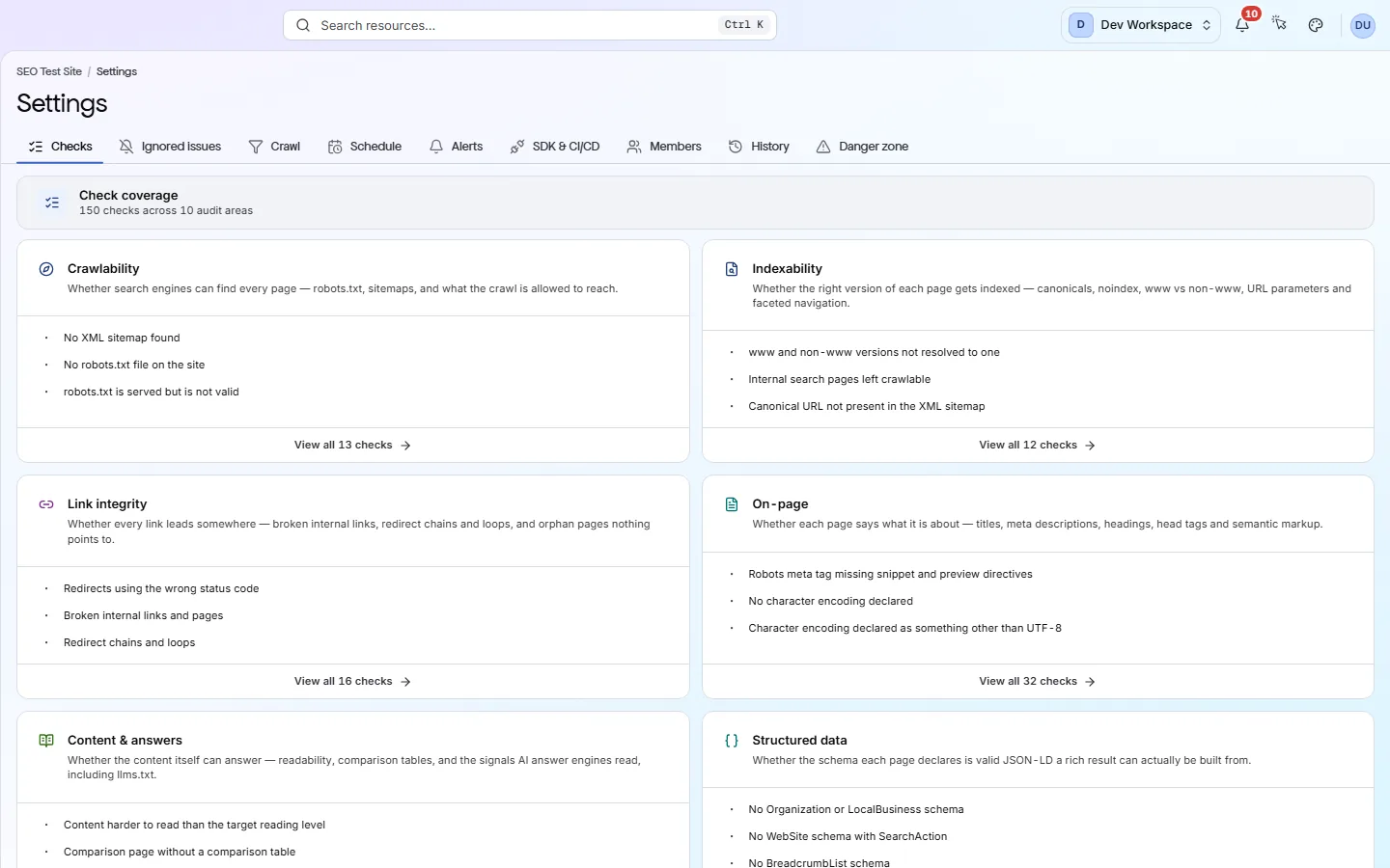 A site's Settings screen, with tabs for Checks, Crawl, Schedule, Alerts and SDK & CI/CD.