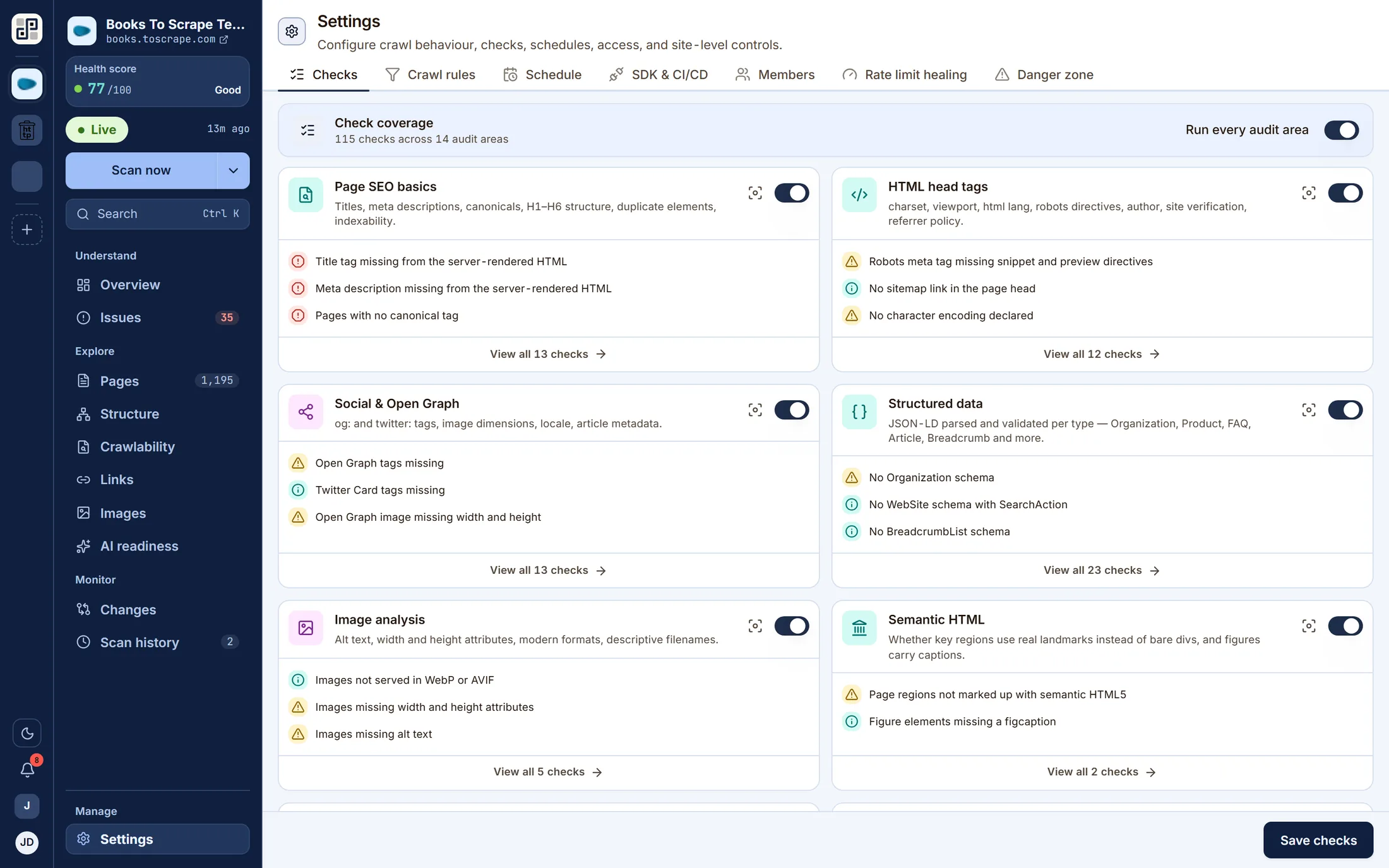 Site settings: per-group check toggles, crawl rules, schedule, SDK & CI/CD and members.